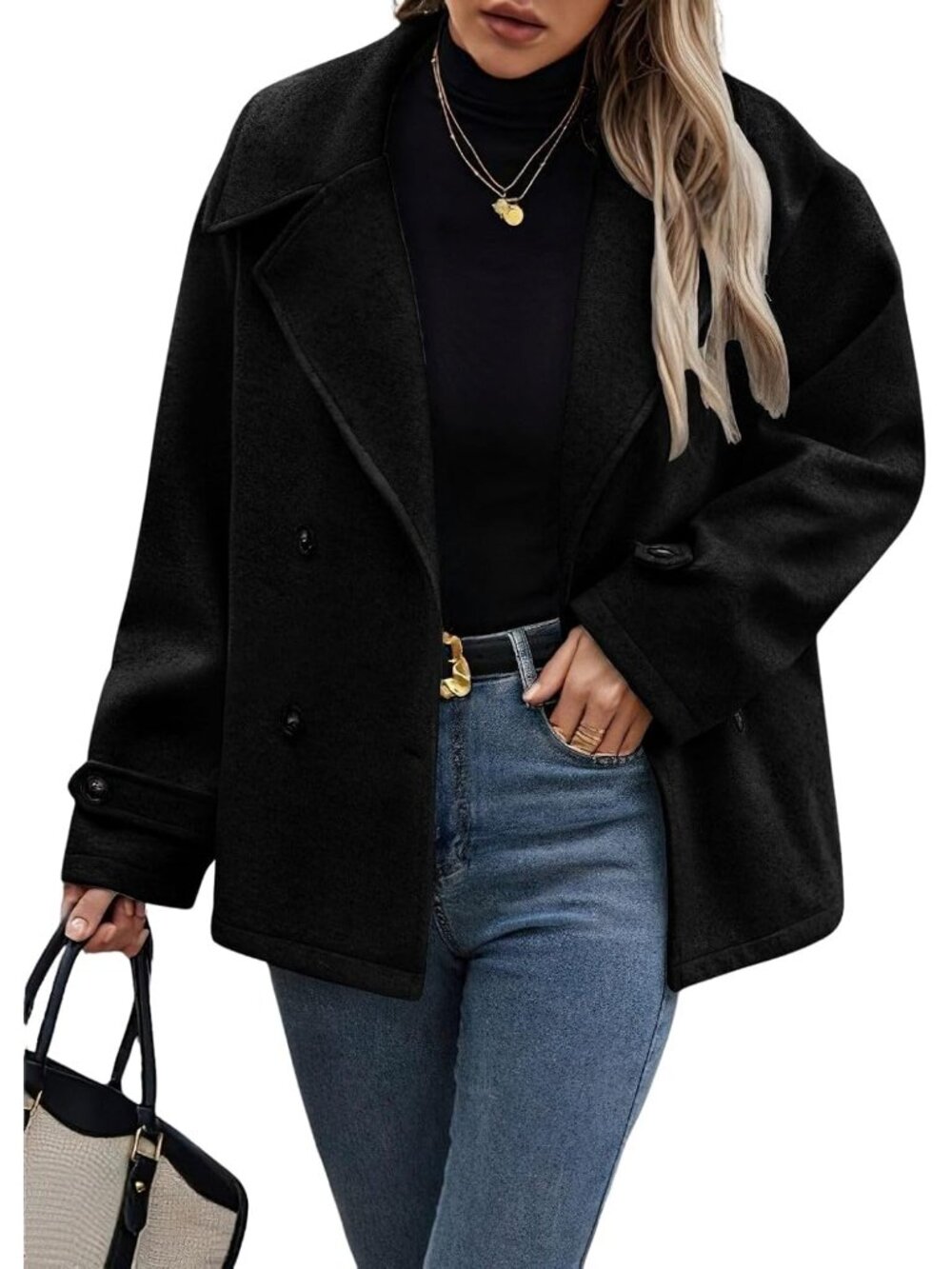 Women's Black Winter Loose Fit Cropped Casual Wool Coat Button Down Pea Coats